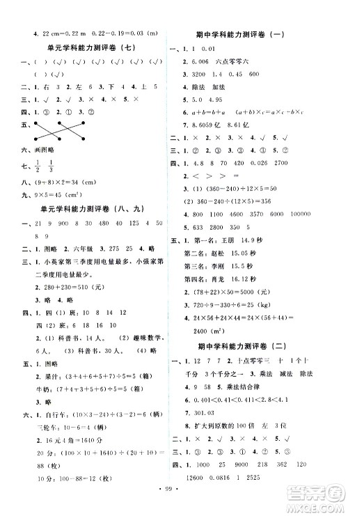 人民教育出版社2021能力培养与测试数学四年级下册人教版答案 人民教育出版社2021能力培养与测试数学四年级下册人教版答案