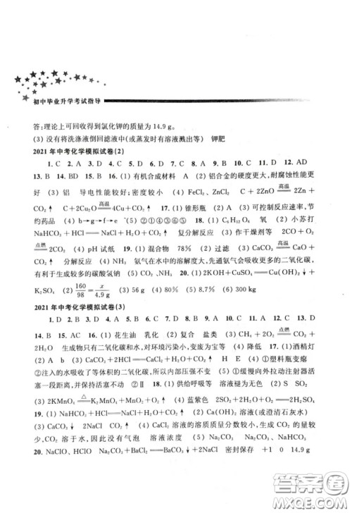 江苏凤凰教育出版社2021春初中毕业升学考试指导化学答案