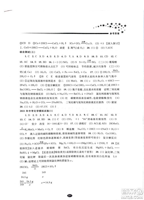江苏凤凰教育出版社2021春初中毕业升学考试指导化学答案