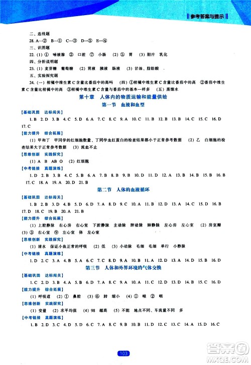 辽海出版社2021新课程生物能力培养七年级下册苏教版答案