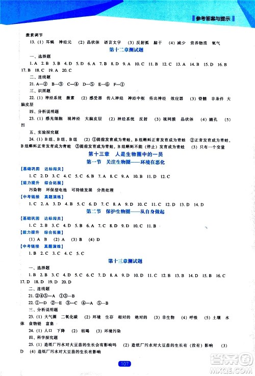 辽海出版社2021新课程生物能力培养七年级下册苏教版答案