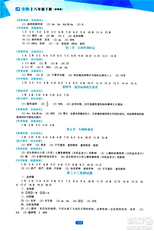 辽海出版社2021新课程生物能力培养八年级下册苏教版答案 辽海出版社2021新课程生物能力培养八年级下册苏教版答案