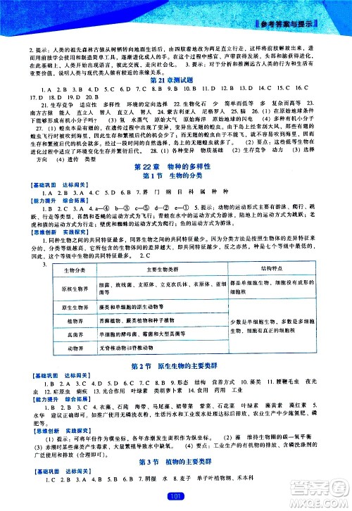 辽海出版社2021新课程生物学能力培养八年级下册北师大版答案