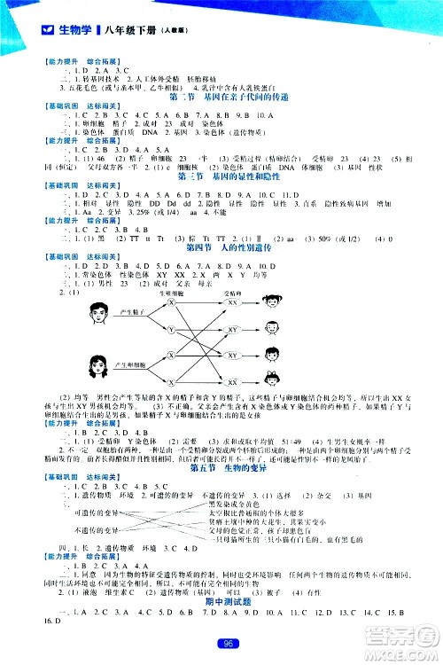 辽海出版社2021新课程生物学能力培养八年级下册人教版答案