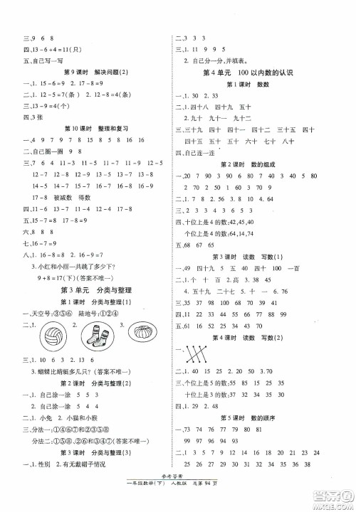 阳光出版社2021汇文图书卓越课堂一年级数学下册人教版答案