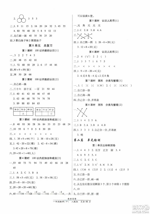 阳光出版社2021汇文图书卓越课堂一年级数学下册人教版答案