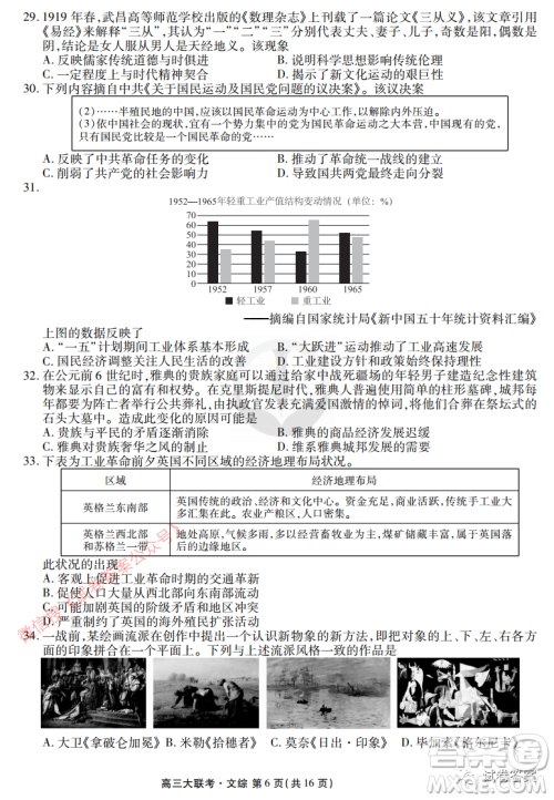 2021届四省名校高三第三次大联考文综试题及答案