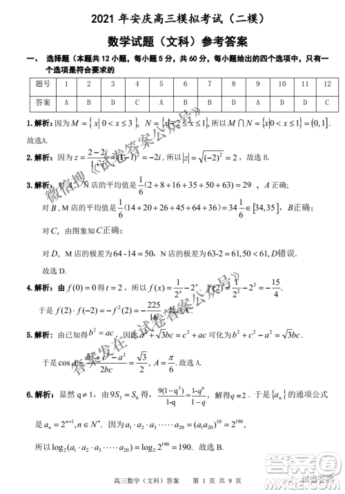 2021年安庆市高考模拟试题二模理科数学试题及答案