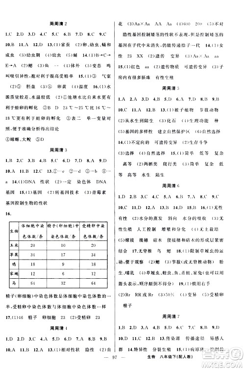 新疆青少年出版社2021四清导航生物八年级下册人教版答案