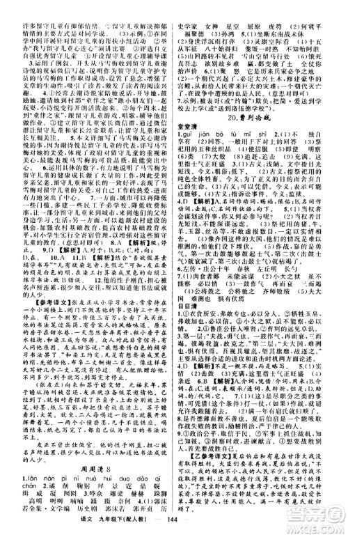 新疆青少年出版社2021四清导航语文九年级下册人教版答案