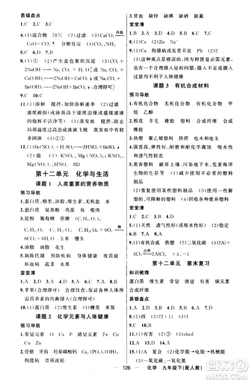 新疆青少年出版社2021四清导航化学九年级下册人教版答案
