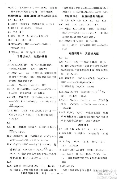 新疆青少年出版社2021四清导航化学九年级下册人教版答案