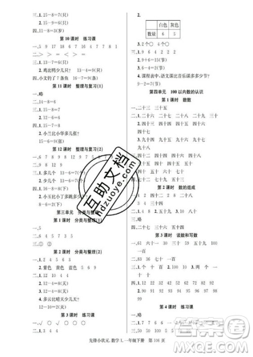 新世纪出版社2021先锋小状元数学一年级下册R人教版答案