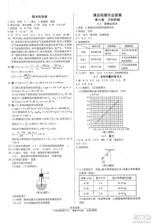 阳光出版社2021汇文图书卓越课堂八年级物理下册沪粤版答案