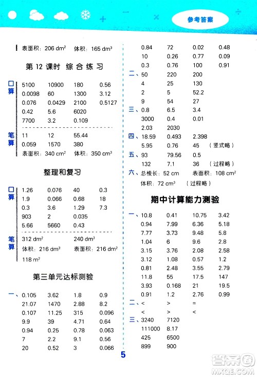 地质出版社2021春季小学口算大通关数学五年级下册RJ人教版答案 地质出版社2021春季小学口算大通关数学五年级下册RJ人教版答案