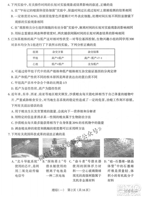 太原市2021年高三年级模拟考试一理科综合试题及答案