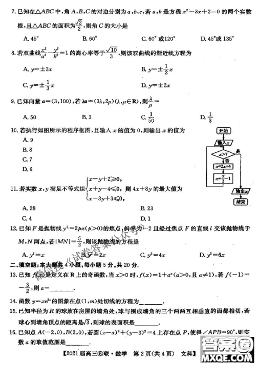百校大联考2020-2021学年度高三第六次联考文科数学试题及答案 百校大联考2020-2021学年度高三第六次联考文科数学试题及答案