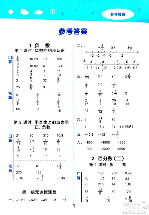 地质出版社2021春季小学口算大通关数学六年级下册RJ人教版答案