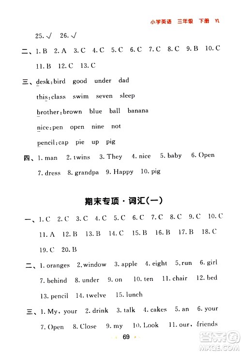 教育科学出版社2021春季53随堂测小学英语三年级下册YL译林版答案