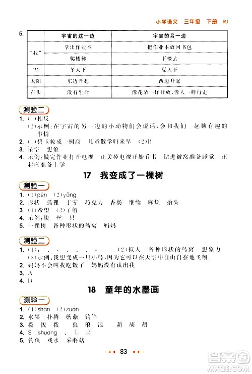 教育科学出版社2021春季53随堂测小学语文三年级下册RJ人教版答案