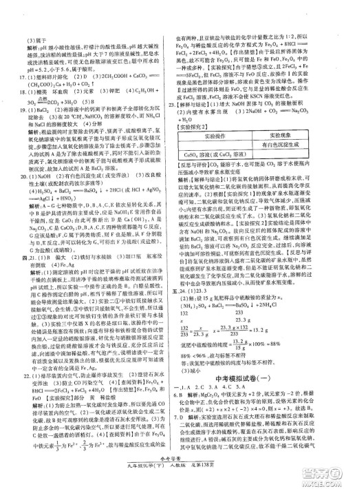 阳光出版社2021汇文图书卓越课堂九年级化学下册人教版答案