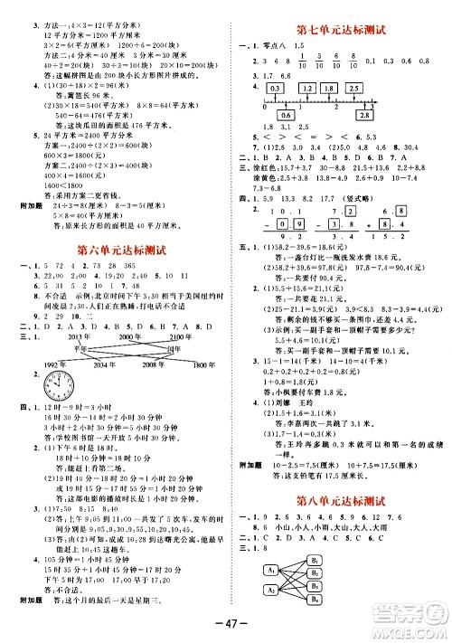 教育科学出版社2021春季53天天练测评卷小学数学三年级下册RJ人教版答案