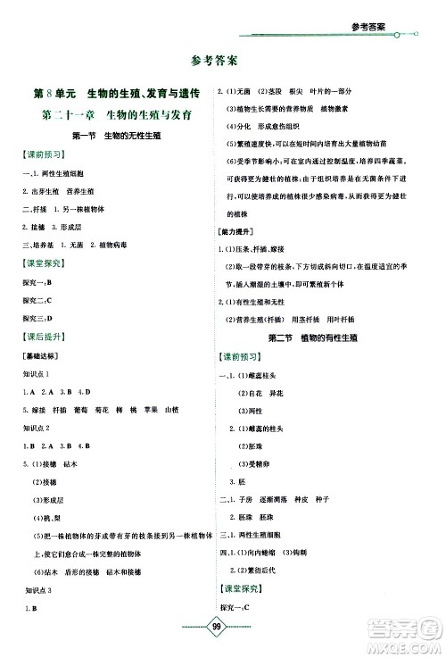 湖南教育出版社2021学法大视野生物八年级下册苏教版答案