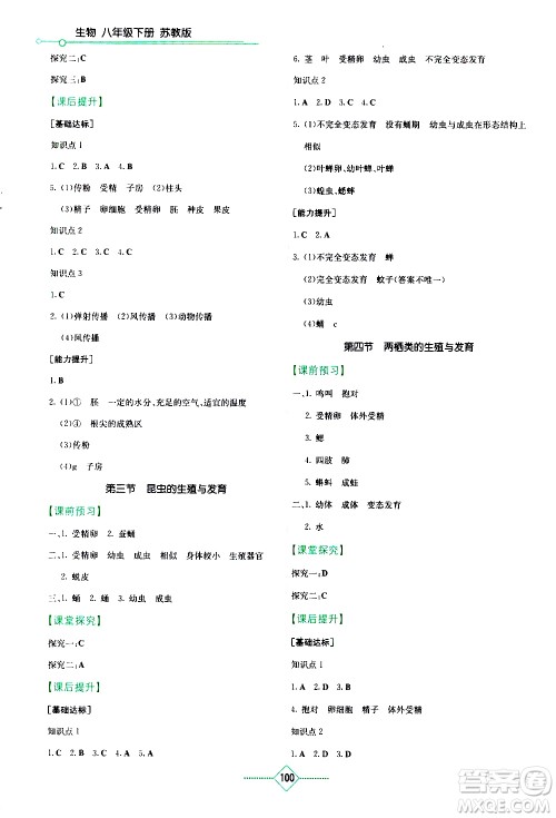 湖南教育出版社2021学法大视野生物八年级下册苏教版答案