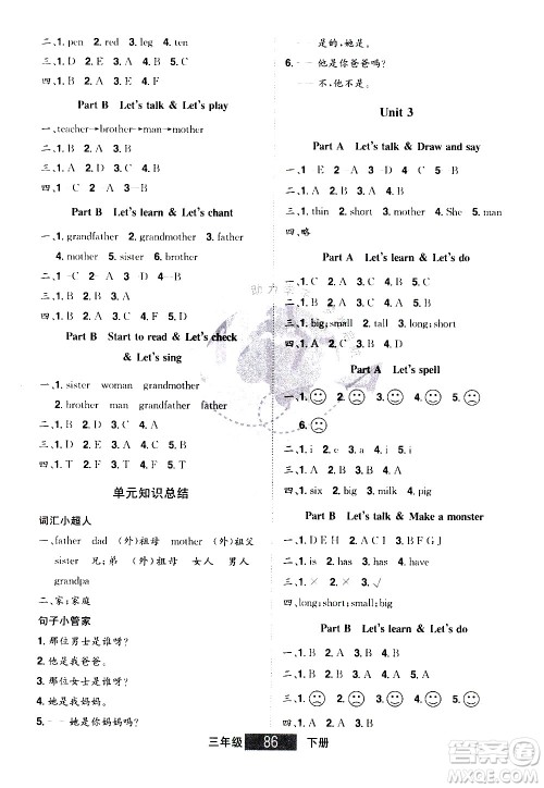 江西美术出版社2021学海乐园英语三年级下册RJ人教版答案
