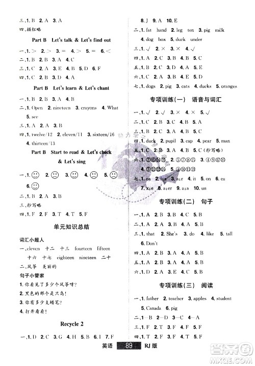 江西美术出版社2021学海乐园英语三年级下册RJ人教版答案