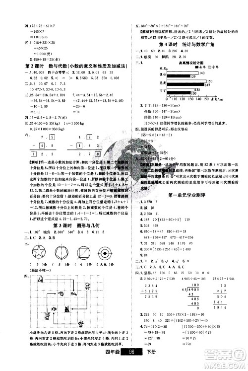 江西美术出版社2021学海乐园数学四年级下册RJ人教版答案