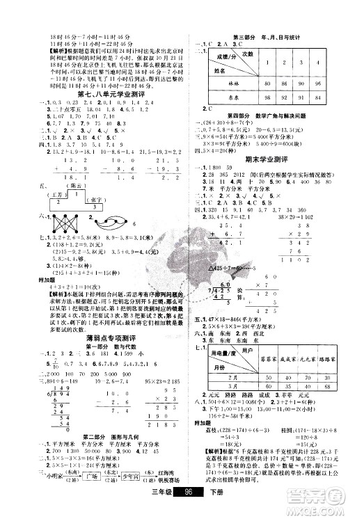 江西美术出版社2021学海乐园数学三年级下册RJ人教版答案