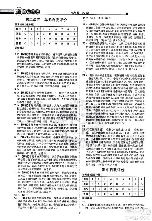 江西美术出版社2021学海风暴道德与法治七年级下册RJ人教版答案