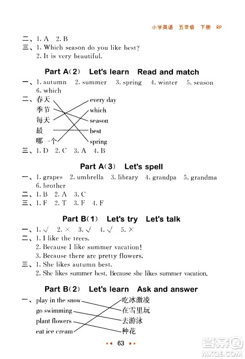 教育科学出版社2021春季53随堂测小学英语五年级下册RP人教版答案 教育科学出版社2021春季53随堂测小学英语五年级下册RP人教版答案