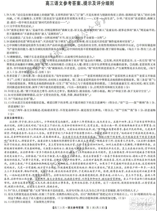 2021九师联盟高三3月考试语文试题及答案 2021九师联盟高三3月考试语文试题及答案