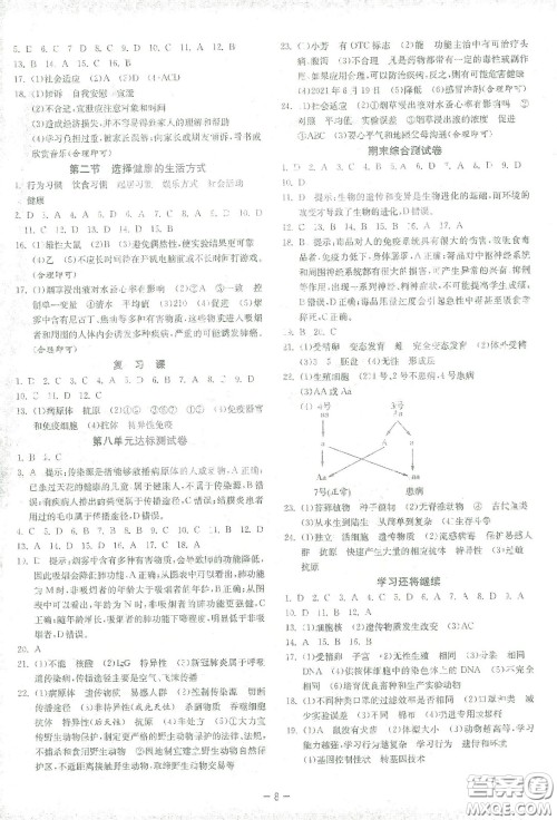 江苏人民出版社2021春雨教育课时训练八年级生物下册人民教育版答案