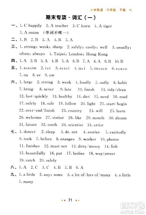 教育科学出版社2021春季53随堂测小学英语六年级下册YL译林版答案