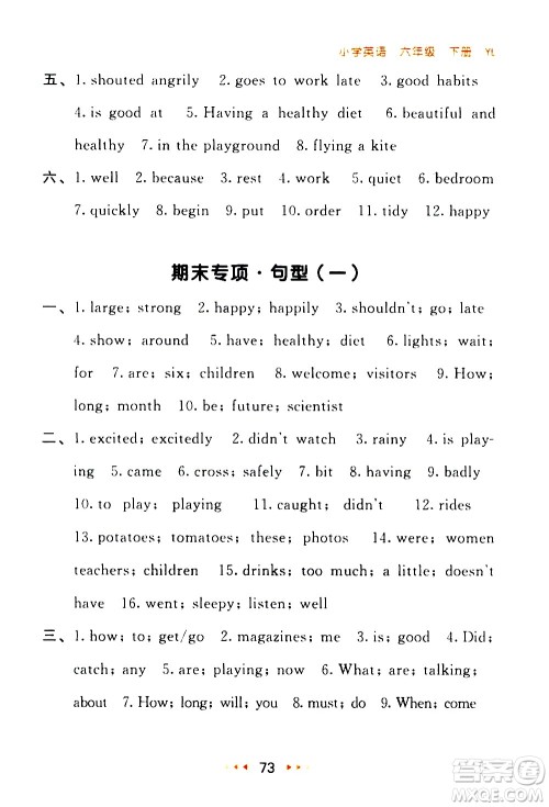 教育科学出版社2021春季53随堂测小学英语六年级下册YL译林版答案