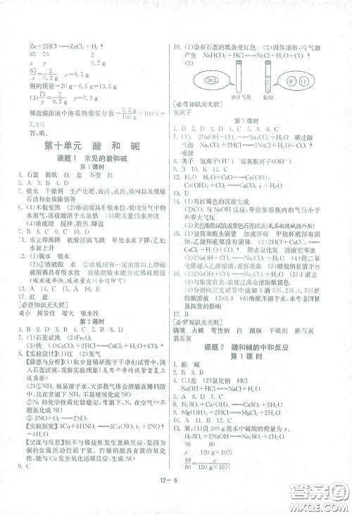 江苏人民出版社2021春雨教育课时训练九年级化学下册人民教育版答案