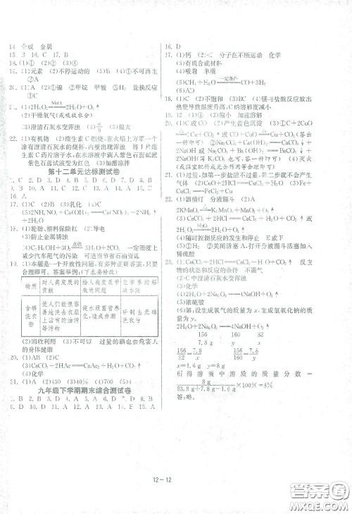 江苏人民出版社2021春雨教育课时训练九年级化学下册人民教育版答案
