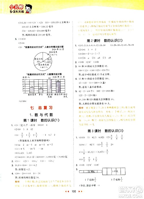 教育科学出版社2021春季53天天练小学数学六年级下册SJ苏教版答案