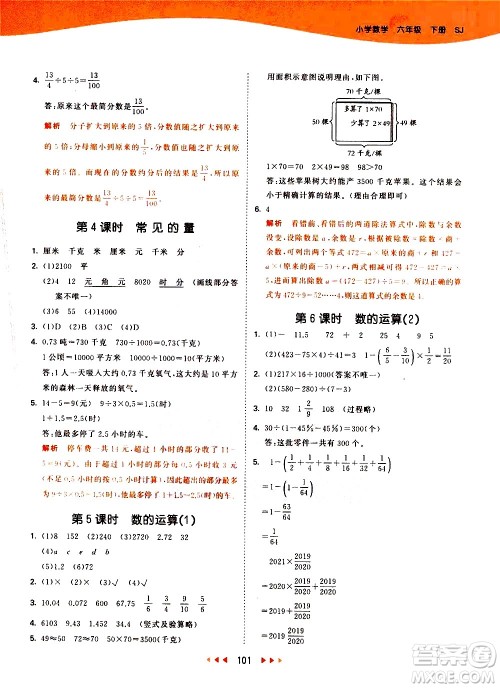 教育科学出版社2021春季53天天练小学数学六年级下册SJ苏教版答案