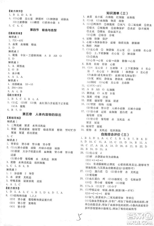 阳光出版社2021全品作业本七年级生物学下册新课标人教版江西省专版答案