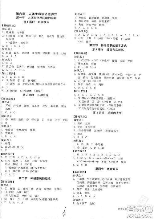 阳光出版社2021全品作业本七年级生物学下册新课标人教版江西省专版答案