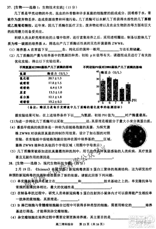 2021年池州市普通高中高三教学质量统一监测理科综合试题及答案