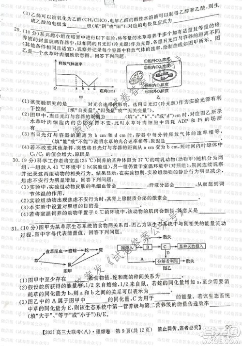 百校大联考全国百所名校2021届高三大联考调研试卷八理科综合试题及答案 百校大联考全国百所名校2021届高三大联考调研试卷八理科综合试题及答案