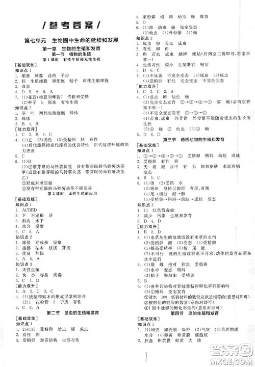 阳光出版社2021全品作业本八年级生物学下册新课标人教版答案