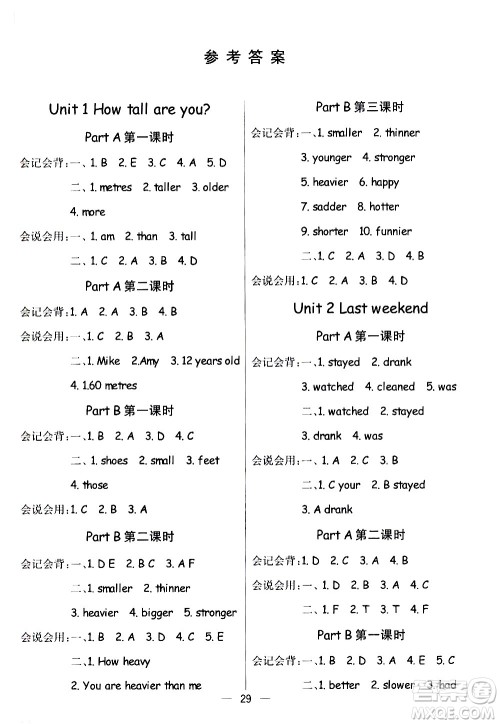 河北教育出版社2021七彩课堂预习卡英语六年级下册人教PEP版答案