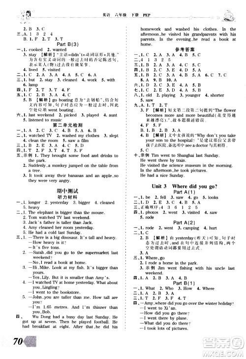 江西人民出版社2021王朝霞创维新课堂英语六年级下册PEP人教版答案