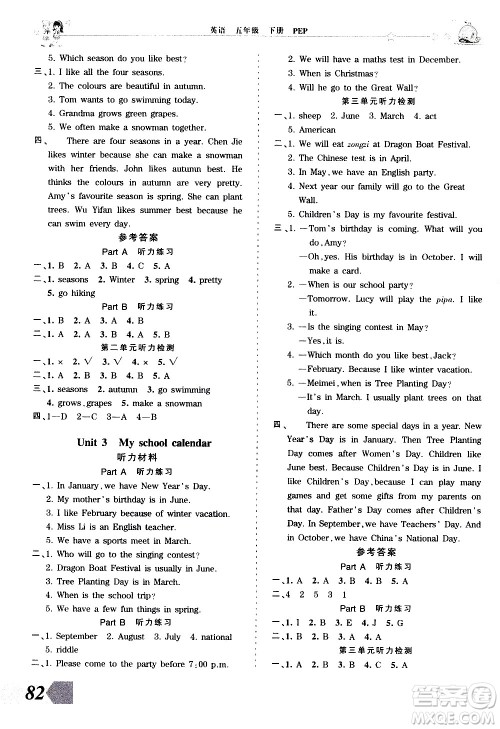 江西人民出版社2021王朝霞创维新课堂英语五年级下册PEP人教版答案